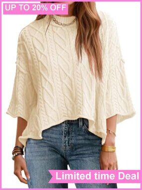 Cable Knit Cropped Oversized Sweater 3/4 Sleeve Pullover Women